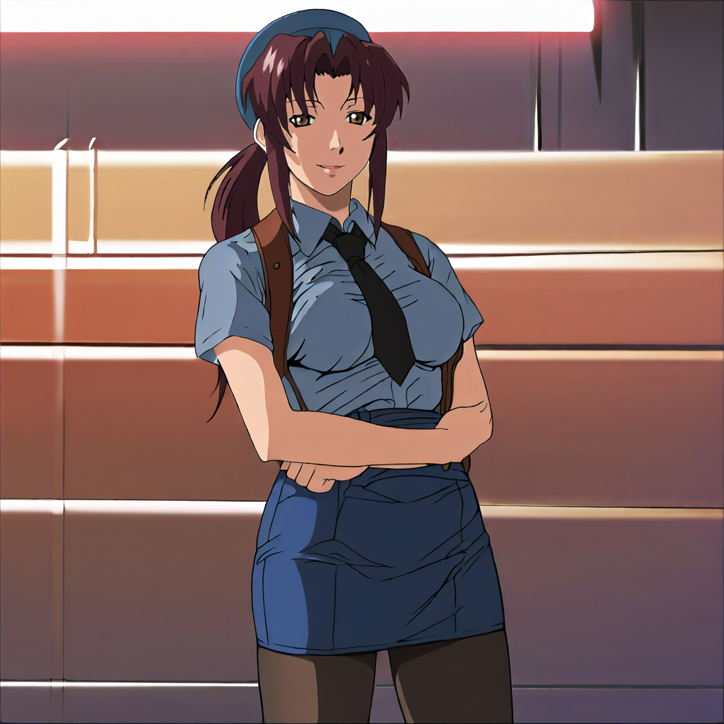 <lora:Rexy_pony_v1:.9>Rexy, 1girl, revy (black lagoon), anime coloring,  brown hair, ponytail,  brown eyes, long hair, breasts, cowboy shot,  <lora:0820 tokisaki kurumi policewoman fan costume_v1_pony:1> ruanyi0820,black necktie,blue hat,blue shirt,blue skirt,black pantyhose,short sleeves,skirt