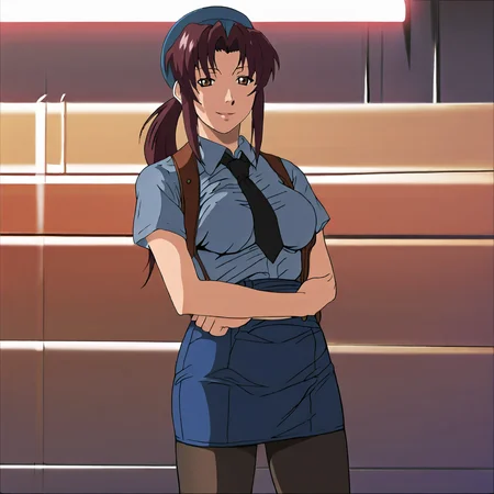 <lora:Rexy_pony_v1:.9>Rexy, 1girl, revy (black lagoon), anime coloring,  brown hair, ponytail,  brown eyes, long hair, breasts, cowboy shot,  <lora:0820 tokisaki kurumi policewoman fan costume_v1_pony:1> ruanyi0820,black necktie,blue hat,blue shirt,blue skirt,black pantyhose,short sleeves,skirt