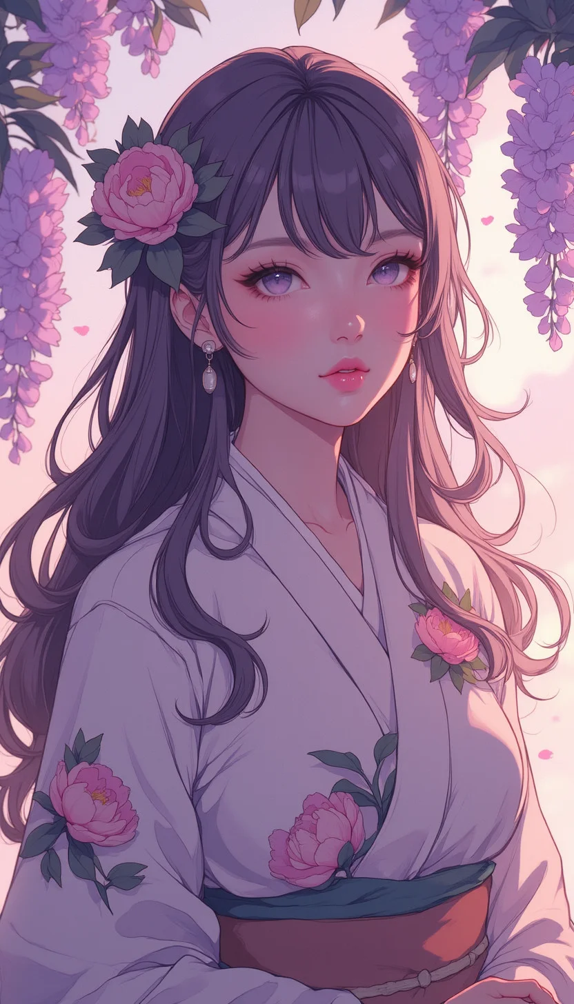 A high-quality, whimsical digital artwork in the style of pinksoftcoreanime,
A woman with warm, sun-kissed skin and gentle rose-gold eyes, framed by a waterfall of soft amethyst and silver-streaked hair. Delicate wisteria vines wind through her strands, their petals glowing faintly in the violet dusk. She wears a flowing silk kimono adorned with intricate floral embroidery.