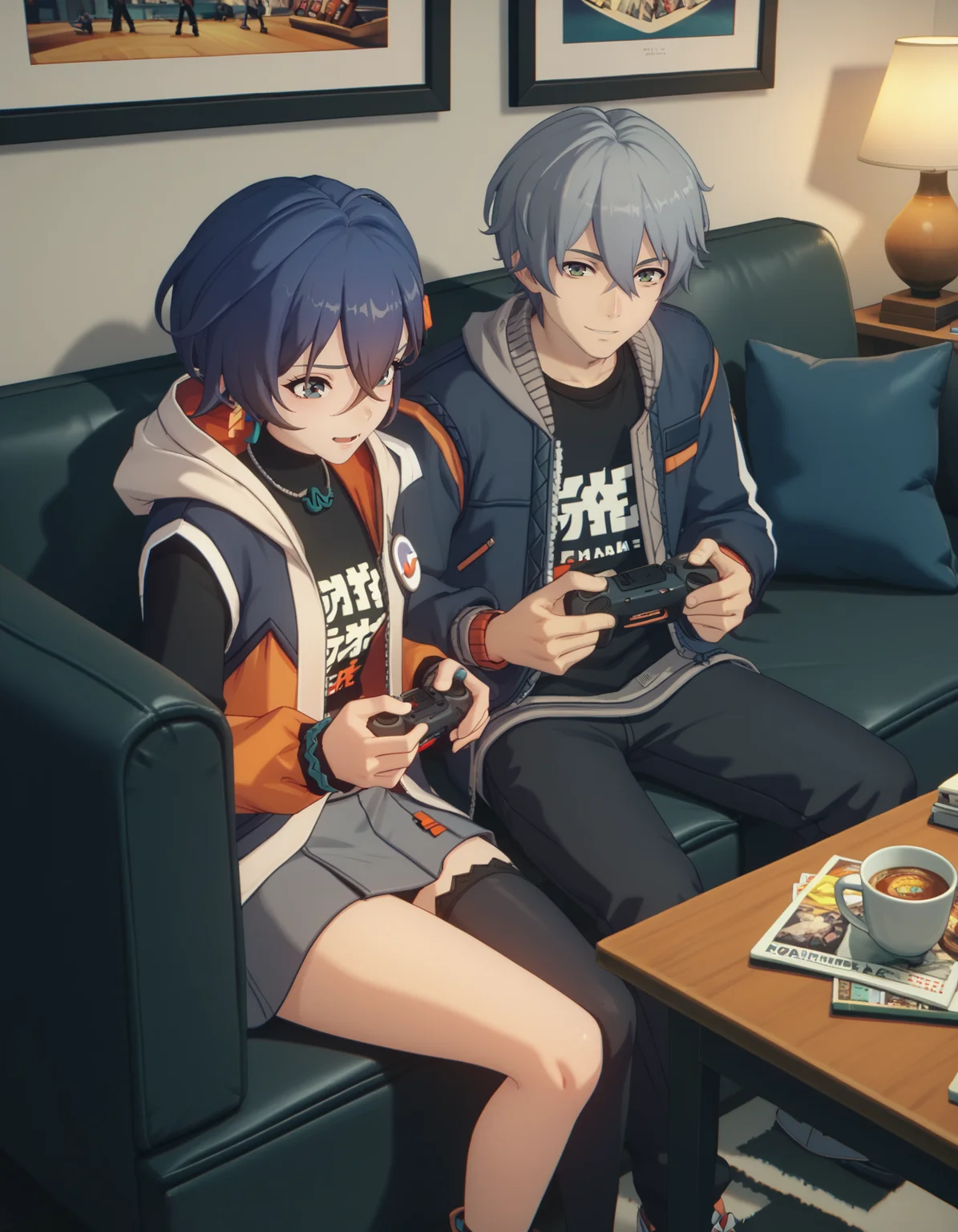score_9, score_8_up, score_7_up, <lora:zzz-pack-v4-ponyxl:0.85> 1girl, playing games, excited, 1boy, wise,
belle, hooded jacket, turtleneck, skirt, asymmetrical legwear
couch, indoors, lamp