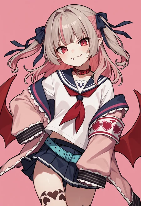 score_9, score_8_up, score_7_up, score_6_up, score_5_up, score_4_up, source_anime, mririmu, two side up, hair ribbon, fang, wings, red wings, tattoo, leg tattoo, collar, serafuku, shirt, neckerchief, jacket, pink jacket, off shoulder, long sleeves, armband, sleeves past wrists, sleeves past fingers, belt, skirt, cowboy shot, pink background, looking at viewer, smile<lora:MakainoRirimuXL-19:1>