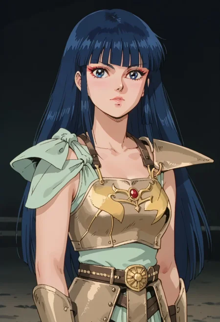 score_9, score_8_up, score_7_up, realistic, fine anime screencap_xl, vhslora, anime screencap, ladykayura, kayura, ronin warriors, solo, 1girl, retro, blue hair, 1980s (style), bangs, long hair, blue eyes, portrait, makeup, armor, shoulder armor, gloves, swords