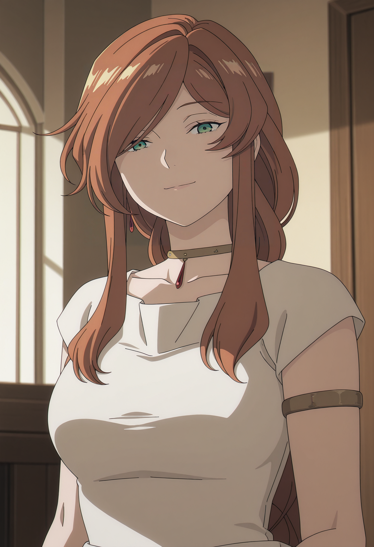 1girl,solo,Flamme,mature female,long hair,brown hair,green eyes,anime coloring,
white dress,upper body, looking at viewer, smile,indoors
,masterpiece,best quality,amazing quality,<lora:Flamme-Sousou_no_Frieren:0.8>