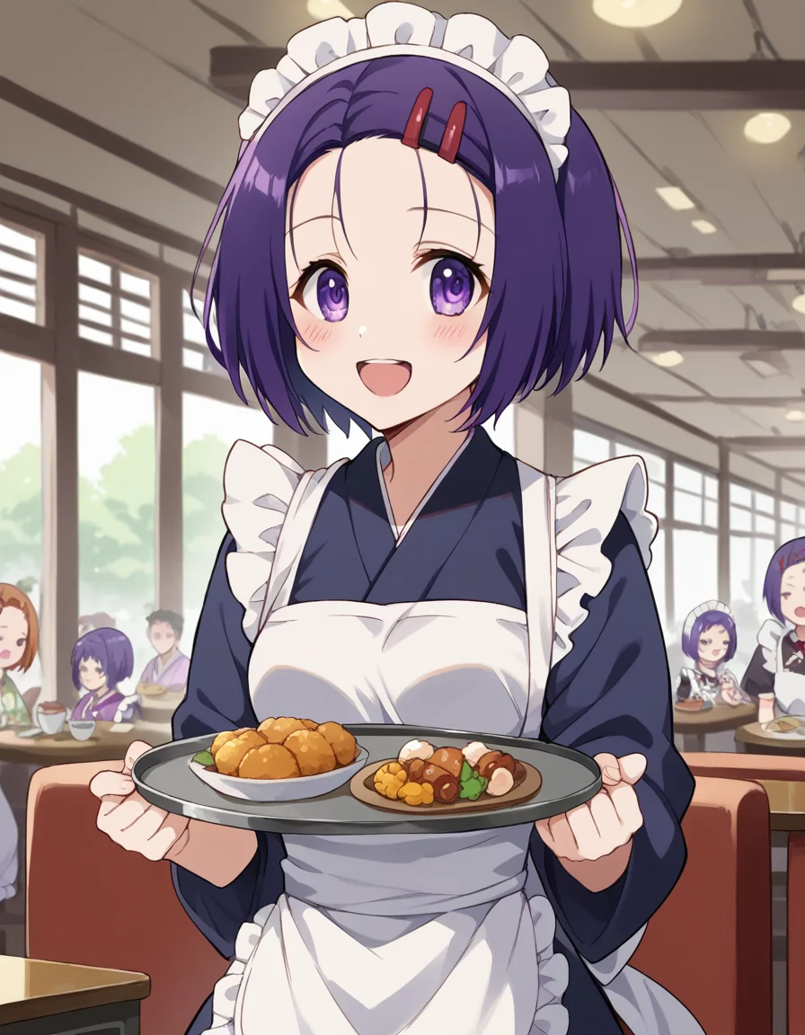 score_9, score_8_up, score_7_up, source_anime, <lora:haruna-sairenji-darkness-ponyxl-lora-nochekaiser:1>, haruna sairenji, hair ornament, hairclip, purple eyes, purple hair, short hair, swept bangs, forehead, medium breasts, <lora:wa-maid-ponyxl-lora-nochekaiser:1>, wa maid, maid, maid headdress, apron, white apron, frilled apron, maid apron, kimono, japanese clothes, frilled kimono, holding tray, tray, food,, indoors, restaurant, smile, blush, open mouth,,