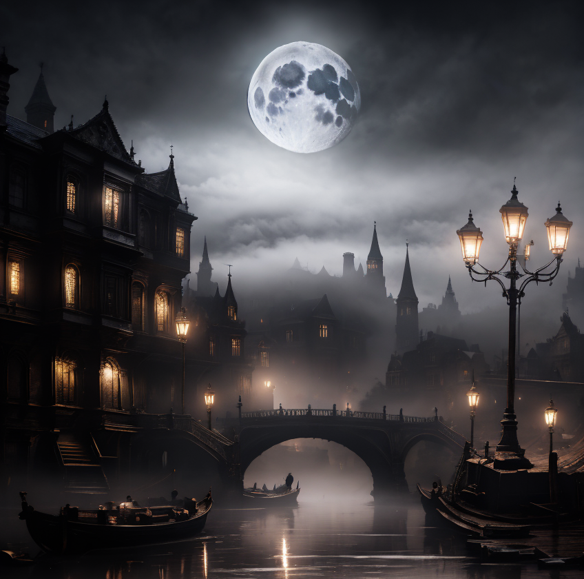 (masterpiece:1.2), (best quality,:1.2), 8k, HDR, ultra detailed, ((photorealistic)), professional light, cinematic lighting, fashion photography, ambient lighting, background, a sinister gothic city at a dark river, one bridge, fog, moon, Darkness, <lora:Darkness-10:1>,  epiCPhoto,