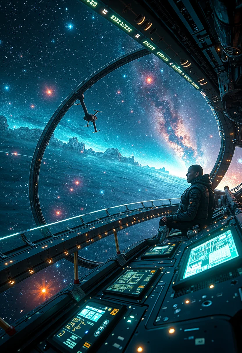 A masterpiece of sci-fi style created by the collaboration of Jackson Pollock and Hiroshi Yoshida. In this sci-fi photograph, we see a vast, starlit expanse of space as seen from within an alien spaceship. The ship is sleek and futuristic, covered in intricate, glowing blue and green lines that pulse rhythmically. Inside the cockpit, there's a lone pilot wearing a holographic visor that reflects the serene beauty of distant galaxies.The background is dominated by a constellation of shimmering stars, with nebulae glowing in vibrant shades of pink, purple, and teal, forming intricate patterns like celestial art. In the foreground, a series of metallic, crystalline structures jut out from the hull of the ship, casting delicate shadows on its surface.Floating just above the deck are various holographic displays and control panels that emit soft, flickering lights. The entire scene is bathed in an ethereal glow, creating a sense of wonder and mystery as if we're peering into the very fabric of another universe. HD32K, hyperdetailed, best quality, midjourneyv6.1.