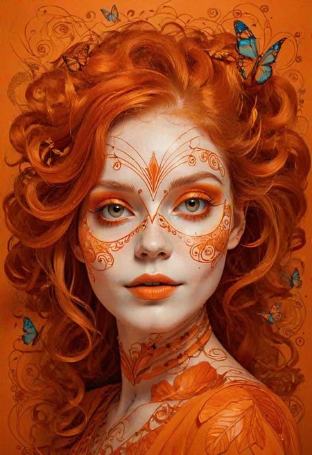 Ethereal grace and beauty of a woman in an orange theme. Line drawing on a rich orange background.
Adorned with butterflies and lines that swirl and curl with leaves.
Red hair. Pale skin. rouged cheeks. 
flat 2d style. simple artistic drawing. muted colors.