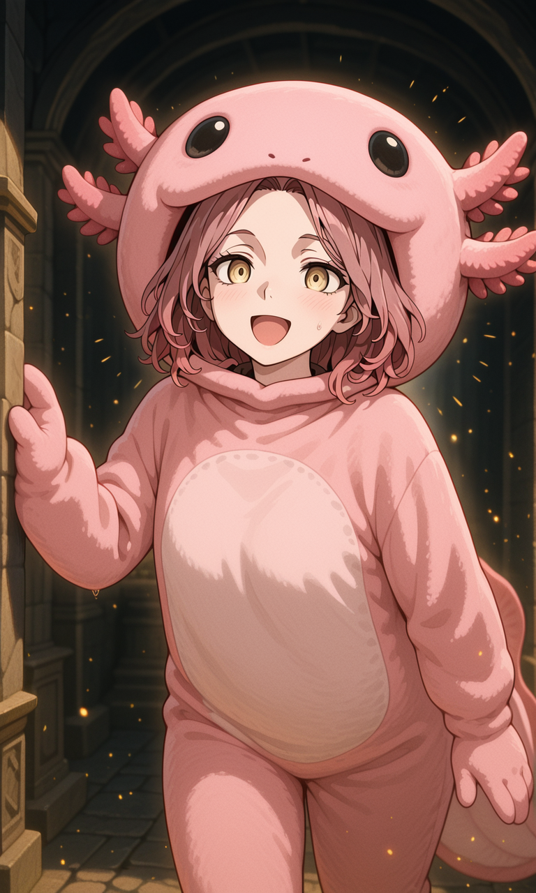 embedding:IllusP0s, axolotl costume, 1girl, melina_\(elden ring\), open mouth, happy,<lora:axolotl costume_illustrious.safetensors:1.0:1.0>