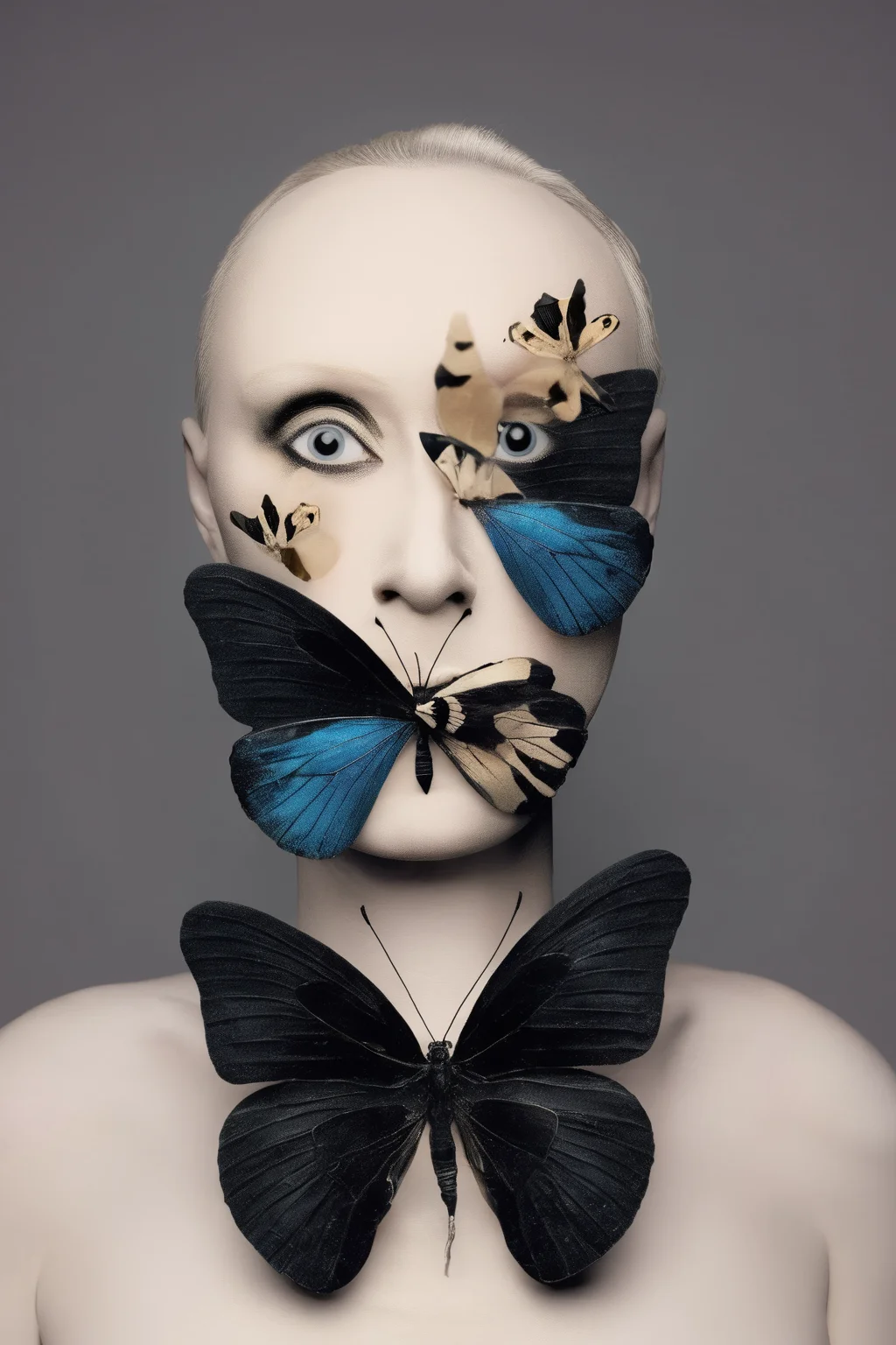 <lora:Photographer Flora Borsi Style:1>Photographer Flora Borsi Style - a woman with butterflies all over her face and neck and chest, and a black background