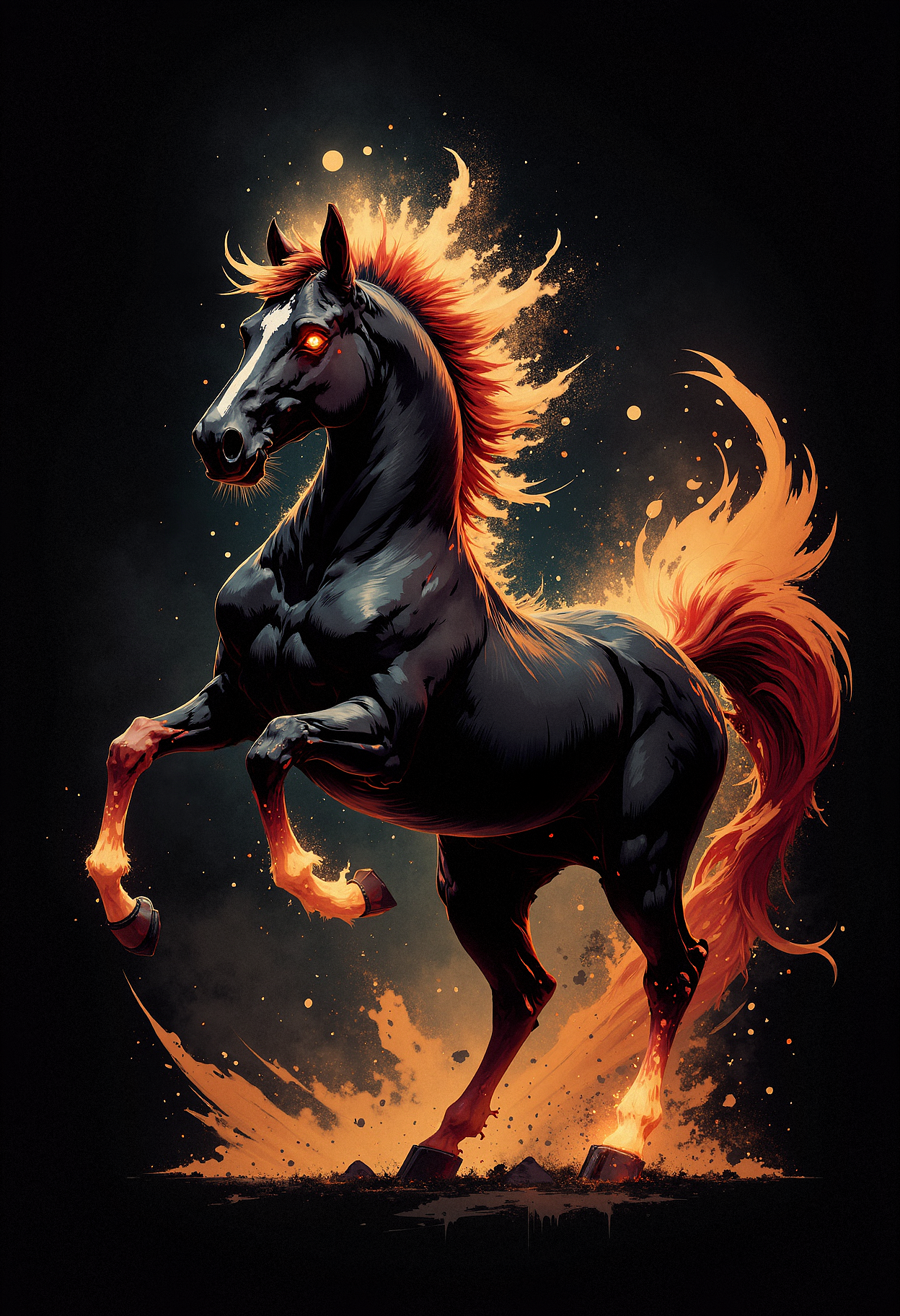 A large, black horse with a muscular body, its coat sleek and shiny. Fiery orange and red flames engulf its mane and tail, spreading out in dynamic, swirling patterns. The horseâs eyes glow with bright red light, adding to its intimidating presence. Flames also flicker across its hooves and parts of its body, giving the appearance that the creature is burning from within. The horse stands on its hind legs in a powerful pose, surrounded by glowing embers and sparks that float in the dark air. The lighting emphasizes the contrast between the dark body of the horse and the vivid, intense flames. The scene has a mystical and otherworldly quality, with the fiery effects adding a sense of motion and energy to the image.    <lora:aidmaInkStyle-FLUX-V0.1:1> aidmainkstyle,