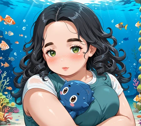 PonyScores7, source_anime, ah1, IllustriousQual, <lora:natsumi_style:0.5>, <lora:by_usakun-pony:0.4> by usakun, <lora:Akina_Bbw_Style_-_PonyXL:0.2> AkinBw, (zoom_out:1.8), (urban Safari fashion style, inspired by adventure and exploration, features utility pieces, earthy tones, and practical accessories, promoting a sense of adventure in the city), 1girl, mature female, (round face:1.2), (thick eyebrows:1.3), (curvy), round-chin, caucasian, (plump face), <lora:Round_face:0.2>, <lora:ETO_OCPonyXL:0.3> eto_oc, skindentation, (plump), thick thighs, wide hips, busty, voluptuous, lips, <lora:venus body PonyXL:0.3>, <lora:shinyskin2:0.2> glistening skin,  (((curly hair), long hair, (black hair:1.4), (parted hair:1.7), messy hair, kinky curls, <lora:hairdetailpxl:0.2> hairdetailpxl)), ((half green and brown eyes), (colorful eyes), (multicolored eyes), (downturned eyes:1.4), <lora:expressive eyes:0.2> expressive eyes, <lora:eyedetailpxl:0.2> eyedetailpxl, <lora:Eyes_High_Definition:0.2> EyesHD), ((nose_blush,  <lora:Expressive_H:0.2> Expressiveh, <lora:Emotional_Anime_Expressions_PonyXL_Concept:0.2> emotional, <lora:Best_Facial_Expression_LoRA_PONY:0.2>, looking at viewer, <lora:Detailed expressive EXEV style -XL Pony V1.0:0.2> FaceDetail)), ((hugging doll, doll)), steel teal Lab Technician Scrubs, (((an underwater scene showcasing a vibrant coral reef in the Arctic Ocean, filled with colorful fish and unique marine life, The clear water allows sunlight to penetrate, creating a dazzling display))), <lora:xl_more_art-full_v1:0.2>, <lora:aesthetic_anime_v1s:0.2>, <lora:EpicF4nta5yXL:0.2>, <lora:detailxl:0.2> detailxl, <lora:Fant5yP0ny:0.2>, best quality, amazing quality, best aesthetic, absurdres, illustration, Volumetric_Lighting, ultra-detailed, very aesthetic, intricate details, 8k, masterpiece, best_quality, Stable_Yogis_PDXL_Positives, AS-Adult, <lora:Complicated fantasy portrait - XL Pony V2.0:0.2>, bad-hands-5, <lora:HDA_Detailer:0.3>, HDA_FatGirlXL