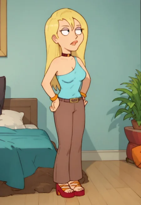 Score_9_up, score_8_up, score_7_up, Expressiveh, 1girl, solo, jrwfg, blonde hair, long hair, collar, bracelet, aqua one shoulder top shirt, brown pants, belt, red high heels, hand on hip, bedroom
