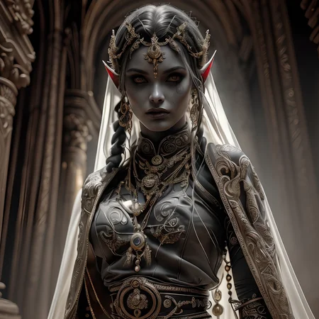 RAW photo, (masterpiece:1.3), subsurface scattering, heavy shadow, (high quality:1.4), (intricate, high detail:1.2), professional photography, HDR, High Dynamic Range, realistic, ultra realistic, photorealistic, high resolution, film photography, ambient lighting, atmospheric effects, <lora:detail_slider_v4:2>, OverallDetail, a female drow temple servant, dark makeup, intricate white robe, belt, jewelry, <lora:Drow:1>, epiCPhoto