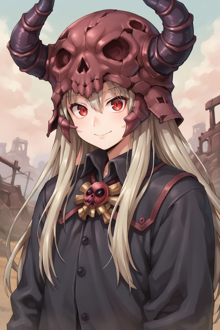 (score_9, score_8_up, score_7_up, score_6_up), source anime, BREAK, <lora:Necromancer:0.75> , necdef, 1boy, red eyes, long hair, grey hair, horned helmet, (skull brooch), collared robe, black robe, looking at viewer, solo, smile, (portrait), <lora:zy_Detailed_Backgrounds_v1:0.3> , detailed background, highly detailed, outdoors, wasteland, <lora:90s4n1m3XLP:0.6> , 90s4n1m3,