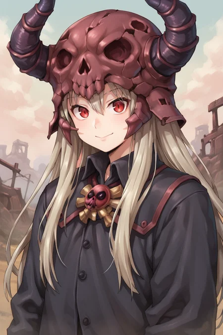 (score_9, score_8_up, score_7_up, score_6_up), source anime, BREAK, <lora:Necromancer:0.75> , necdef, 1boy, red eyes, long hair,  grey hair, horned helmet, (skull brooch), collared robe, black robe, looking at viewer, solo, smile, (portrait), <lora:zy_Detailed_Backgrounds_v1:0.3> , detailed background, highly detailed, outdoors, wasteland, <lora:90s4n1m3XLP:0.6> , 90s4n1m3,