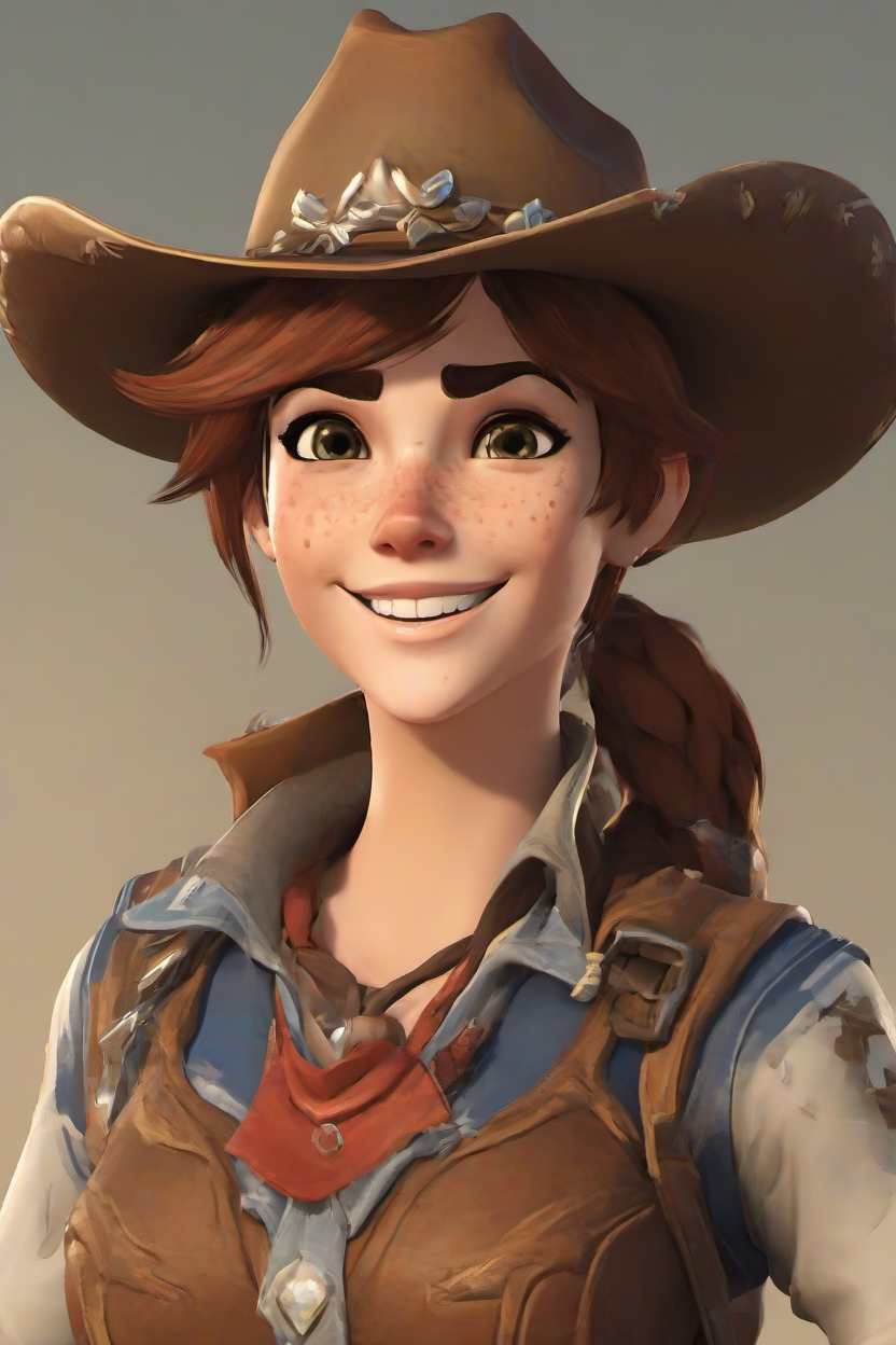 PETracerOW,<lora:PE_TracerOverWatch:0.8>,
portrait of tracer,smile,freckles,
wearing cowgirl outfit,cowboy hat