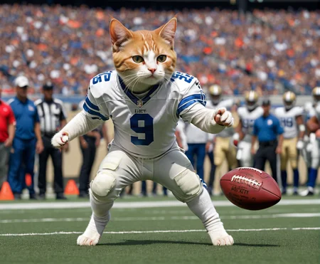 NFL football game with superstar quaterbacker ktt artstyle on the field ready to throw the ball <lora:Kitty LoRA - Trigger with KTT Artstyle:1>