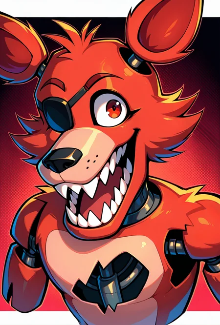 <lora:foxy-09:1> foxy, animal ears, 1boy, solo, sharp teeth, eyepatch, pirate hook, joints, animatronic, smile, cartoon, vibrant red background, masterpiece, best quality, amazing quality, very aesthetic, absurdres, newest,, upper body, halftone effect, white borders, abstract background:1.2,