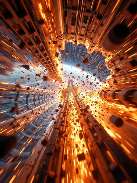 Closeup inside the shockwave of a space elevator collapse, the camera positioned so near that it captures every tiny detail of the metal bending and shattering under the force of the blast. The explosion detonates from the base, sending waves of glowing fire and molten metal through the frame, engulfing the camera in light and heat. Chunks of debris tear through the air, some slamming into the frame, bouncing off in sparks and embers. The sound of the blast surrounds you—roaring fire, hissing smoke, and the deep boom of collapsing metal—creating a fully immersive, high-intensity experience, as if you're caught inside the catastrophic energy.