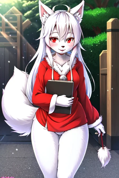 art by shitakemeshi, (((best quality))), ((ray tracing)), solo, standing, adult girl, ((furry)), (white fox), (snow-white fur), body fur, (fluffy tail), smile, on street,
