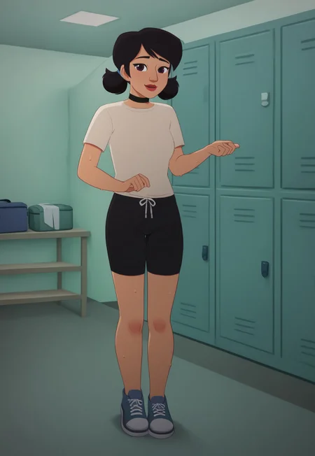 (zPDXL3) source_cartoon, handsfree, Perfect Hands, full body, 1girl, solo, locker room, indoors, , smile , looking at viewer ,
mari_lopez, black hair, short hair, twintails, lipstick, red lips, choker, shorts, white shirt, black shorts, shoes , (sweat:1.3).
