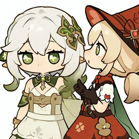 masterpiece, very awa,simple background,white background,chibi,cute,adorable,
BREAK
klee \(blossoming starlight\) \(genshin impact\),bloomers, black gloves, kneehighs, mary janes, witch hat, red skirt, white shirt, shawl, waist apron, bag,
BREAK
Nahida_(Genshin_Impact),green_eyes, white_hair, gradient_hair, long_hair, cross-shaped_pupils, side_ponytail, flat_chest, pointy_ears,green_eyes, white_hair, gradient_hair, long_hair, cross-shaped_pupils, side_ponytail, flat_chest, pointy_ears, hair_leaf, hair_ornament, two-tone_dress, detached_sleeves, sleeveless, green_cape, white_bloomers, bracelet