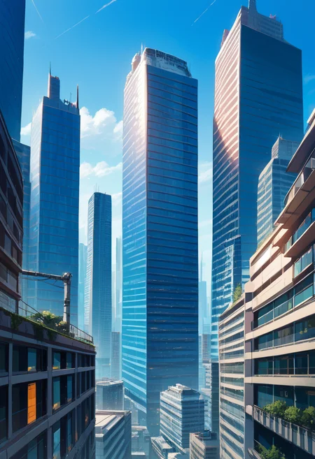 score_9, score_8_up, score_7_up, source_anime, no humans, blue sky, outdoors, cityscape scenery, skyscraper, science fiction