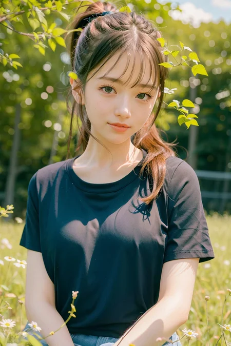 (4k, best quality), (realistic, photo-realistic),(vgirl),
1girl, solo,upper body, (facing viewer),close-up,
ponytail,long hair,
perfect hands,(looking_at_viewer),(smile),
shirt,
nature, on_grass,flower_field,forest, <lora:vgirl_v11:0.7>