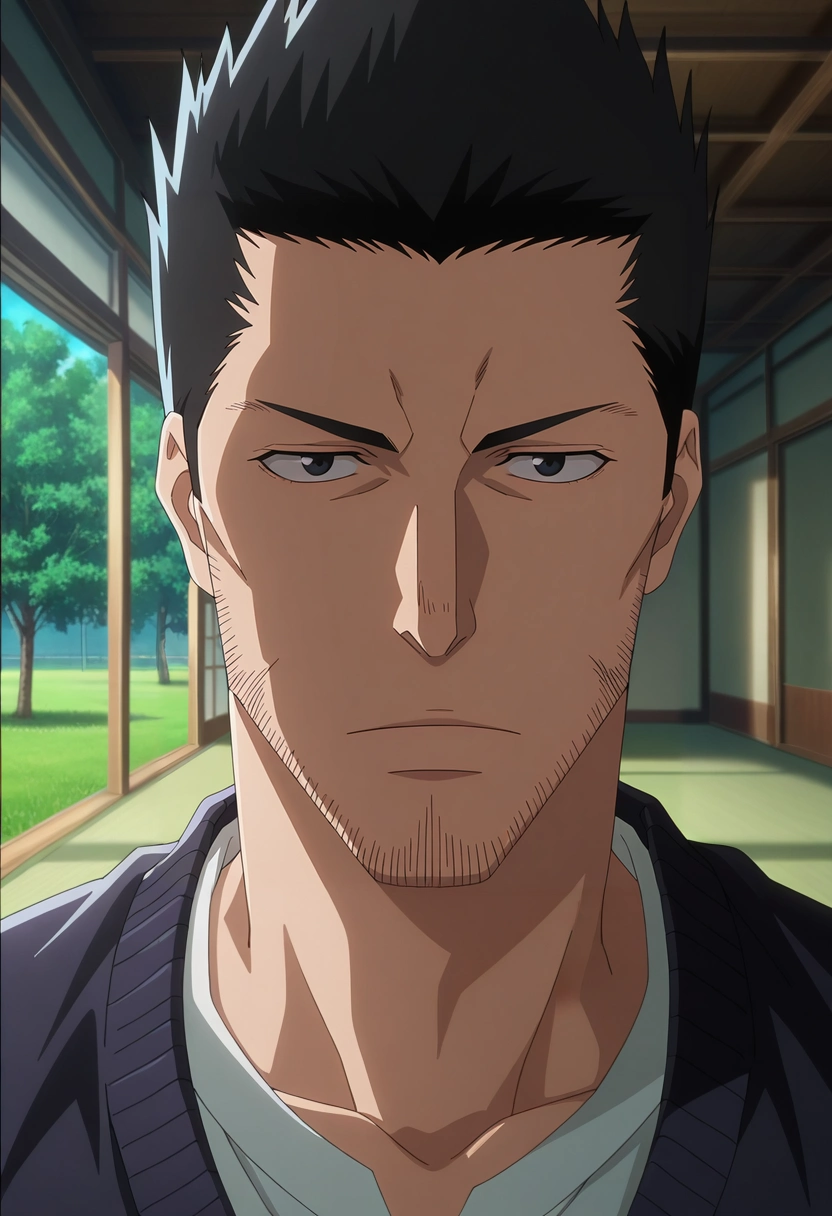 masterpiece, best quality, , anime screencap, , , looking at viewer, 1boy, solo, male focus, <lora:isshin_kurosaki_ilxl:0.9>, isshin_kurosaki, black hair, black eyes, short hair, spiked hair, facial hair, stubble, beard, close-up, grass, tree, indoors, dark, yoga, expressionless, cardigan,