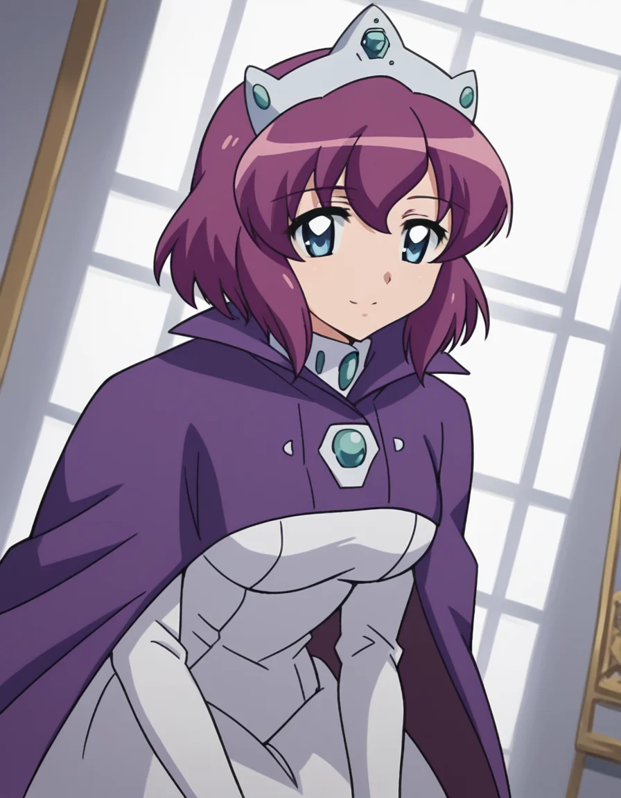 score_9, score_8_up, score_7_up, source_anime,
henriettadetristain, <lora:henrietta-de-tristain-s3-ponyxl-lora-nochekaiser:1>,
henrietta de tristain, short hair, blue eyes, purple hair,
long sleeves, hat, dress, cape, tiara, crown, purple cape, white dress, long sleeves,
indoors, bent over, smile,
looking at viewer, cowboy shot, solo, dutch angle