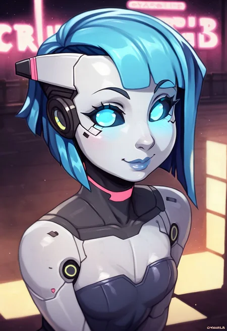 score_9, score_8_up, score_7_up, a cute girl smiling, viewed from behind, ;P, robot girl, android girl, (glowing blue eyes, solid blue eyes, glowing eyes, solid blue sclera, cyan), (blue hair, cyan), robot joints, ((grey artificial metal skin), cyberware lines, cyberware lines on face, robot skin lines on face), in a cyberpunk city, cyberpunk, neon lights, [[drawn by owler, drawn by cyancapsule, ]:0.6]  ((wearing a cute futuristic short strapless dress))