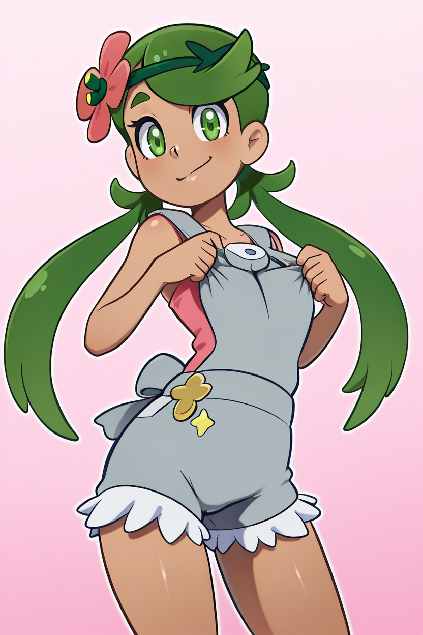 masterpiece, best quality, BREAK, zzMallow, green hair, green eyes, hair flower, hair ornament, grey overalls, pink shirt, sleeveless, grey shorts, <lora:MallowPokemonIXL_e09:1.0>, smile, looking at viewer, cowboy shot,    <lora:theOtherHalfIXL_v2:1.0>,