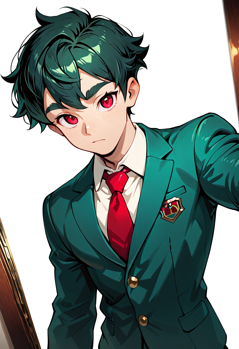 very awa, masterpiece, best quality, absurdres, newest, perfect quality, intricate details, anime style, white background,
OC_Xen, bright red eyes, thick eyebrows, dark green hair, school uniform, green blazer, looking at viewer, three-quarters view, telephoto shot,
<lora:OC_Xen:0.7> <lora:CoC_Lora_Ill_01:1>