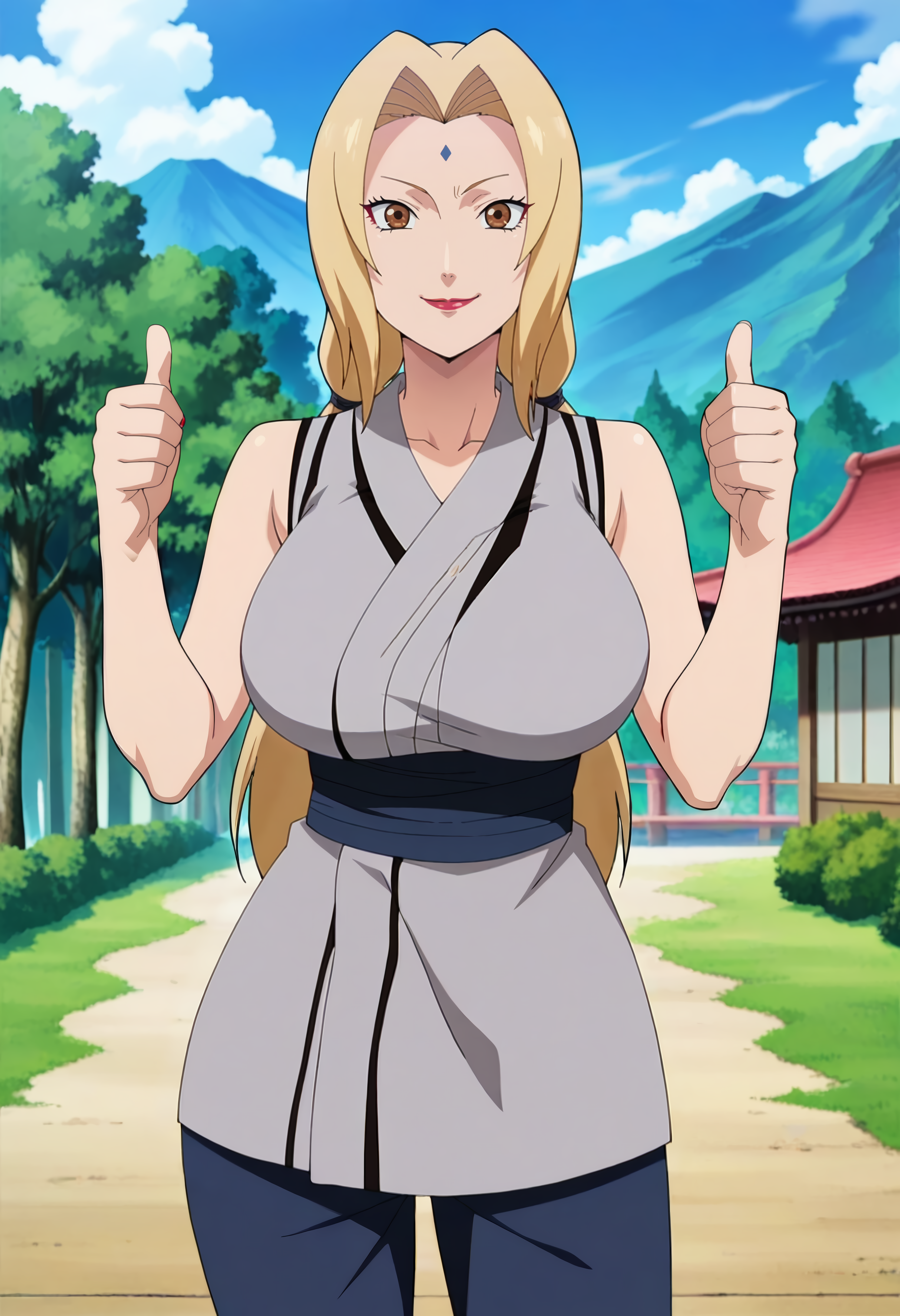 outdoors, smile,solo,cowboy shot, standing, thumbs up,  facing viewer, 
<lora:tsunade a2:1> tsunadea,brown eyes, blonde hair, long hair, large breasts, twintails, lips, makeup, low twintails, lipstick, red lips,
forehead mark, 
sleeveless,kimono,grey kimono, pants,blue pants,
anime screencap, masterpiece, best quality,
