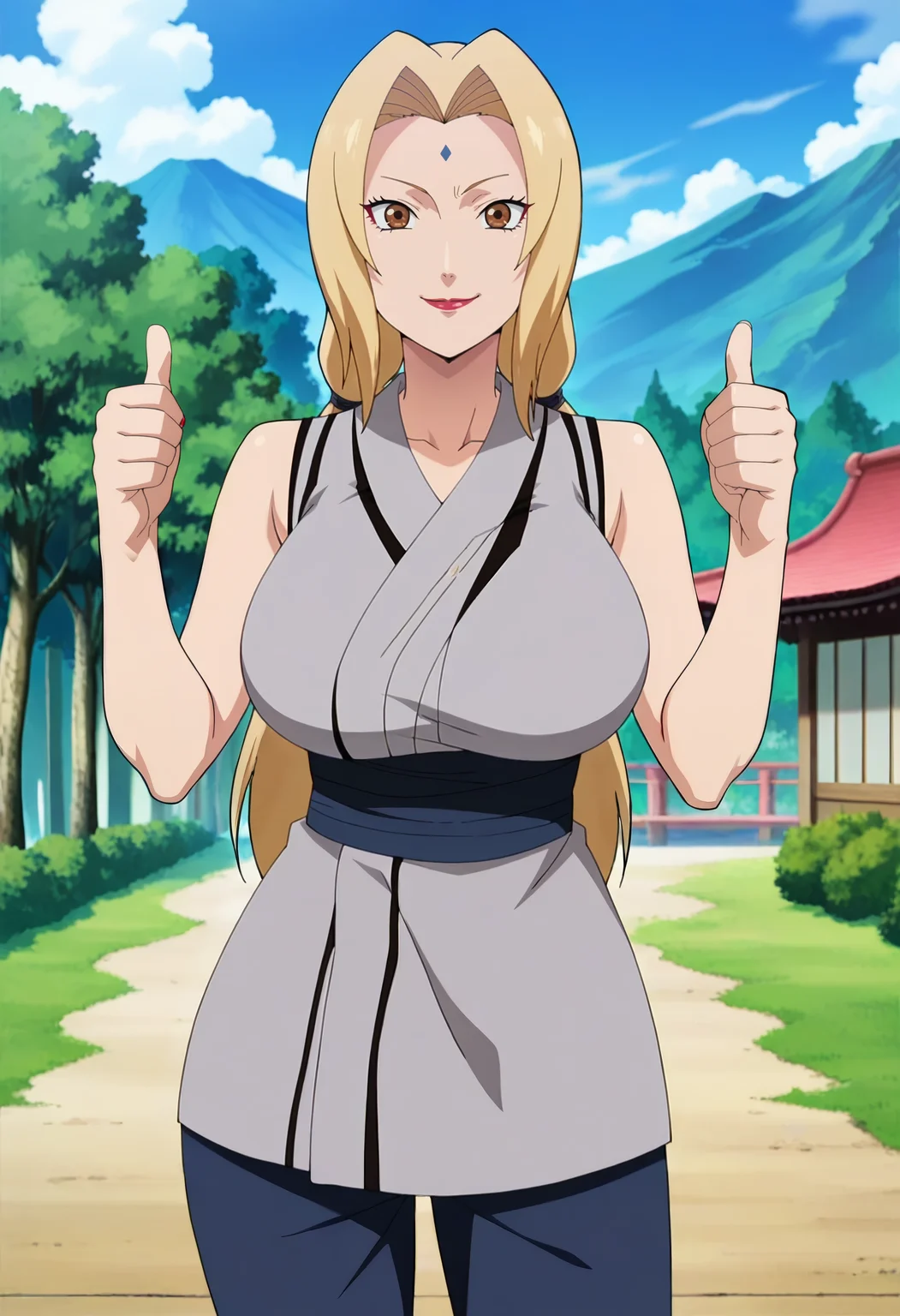 outdoors, smile,solo,cowboy shot, standing, thumbs up, facing viewer,
<lora:tsunade a2:1> tsunadea,brown eyes, blonde hair, long hair, large breasts, twintails, lips, makeup, low twintails, lipstick, red lips,
forehead mark,
sleeveless,kimono,grey kimono, pants,blue pants,
anime screencap, masterpiece, best quality,