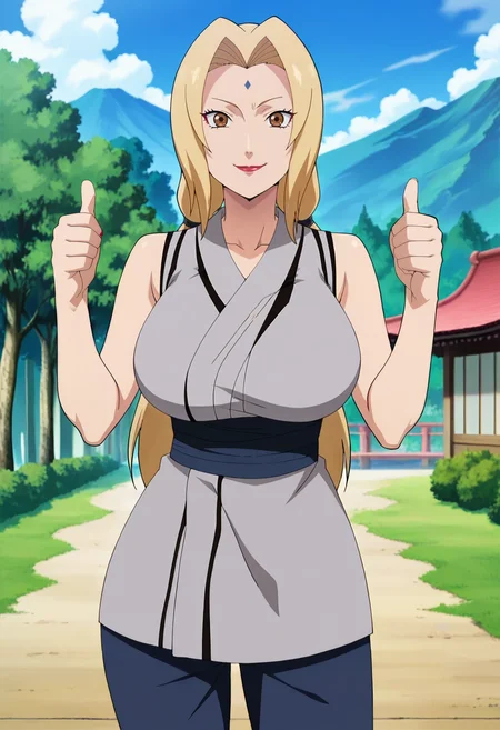 outdoors, smile,solo,cowboy shot, standing, thumbs up, facing viewer,
<lora:tsunade a2:1> tsunadea,brown eyes, blonde hair, long hair, large breasts, twintails, lips, makeup, low twintails, lipstick, red lips,
forehead mark,
sleeveless,kimono,grey kimono, pants,blue pants,
anime screencap, masterpiece, best quality,