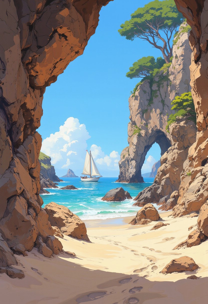 Create a photorealistic image of a tranquil coastal scene, a white old sailing boat is focus. The image is dominated by a large, rugged rock formation on the left and a smaller but equally imposing rock on the right, framing the view of the sea beyond. The rocks have a rough texture and appear to be made of light brown sandstone. The sand in the foreground is fine and light beige, with footprints leading into the scene.In the background is the sea. The sky above is clear,  a white sailboat is visible on the ocean, a vibrant tissue of hues and textures captured digitally, best quality, realistic, captivating, intricately detailed, hyper detailed, maximalist style, dynamic lighting, superb composition, finest details, highest aesthetics, best quality, sharp focus, high contrast, stylized, clear, colorful, ultra quality, whimsical, fantastic, splash art, intricate detailed, hyperdetailed, maximalist style, hyper detailed, maximalist style,  concept art, sharp focus, harmony, serenity, calm, mysterious glow, dynamic lighting, superb composition, sharp focus, high contrast, stylized, clear, colorful, ultra quality,  best quality, DB4RZ, DB4RZ style painting, NeoPigma, in the style of cksc, anime, cyberpunk, a masterpiece, award winning