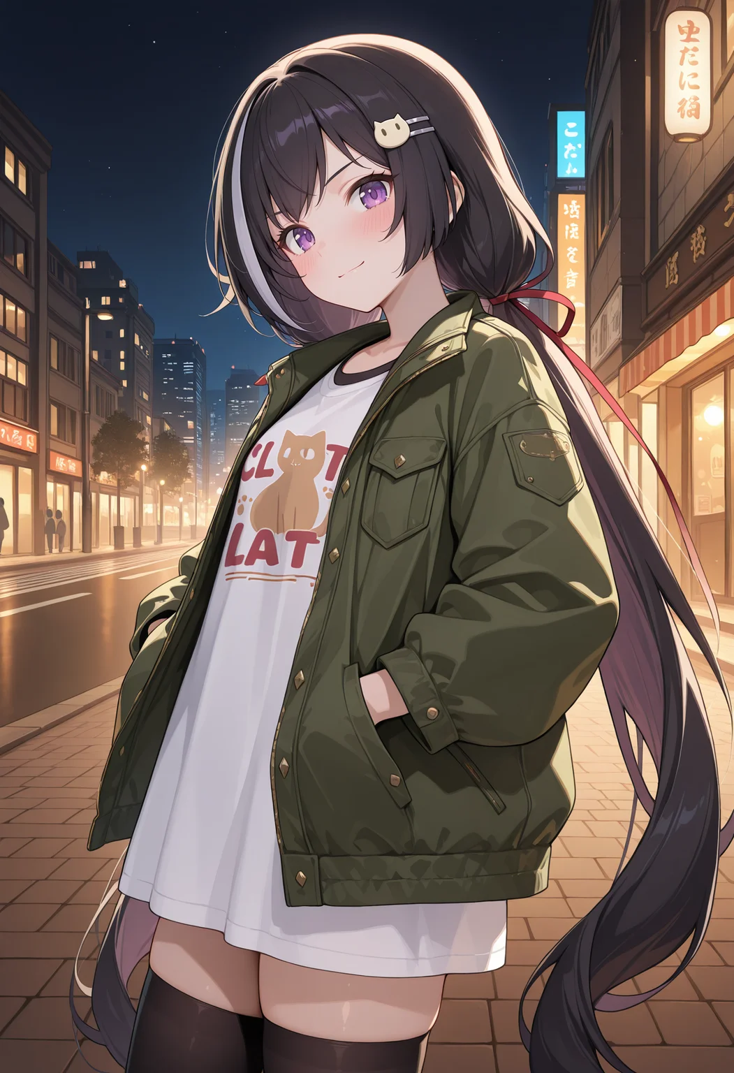 highres, best quality, masterpiece, night, city, lights, sidelighting, 
1girl, solo, calrl, black hair, streaked hair, very long hair, low twintails, purple eyes,
hair clip, cat hair ornament, hair ribbon, red ribbon, white shirt, print shirt, clothes writing, long shirt, green jacket, open jacket, black thighhighs,
serious, blush, smile, looking at viewer, closed mouth, 
hands in pockets, head tilt, from side,
<lora:_kyaru_pcr-elesico-ilxlC:1>