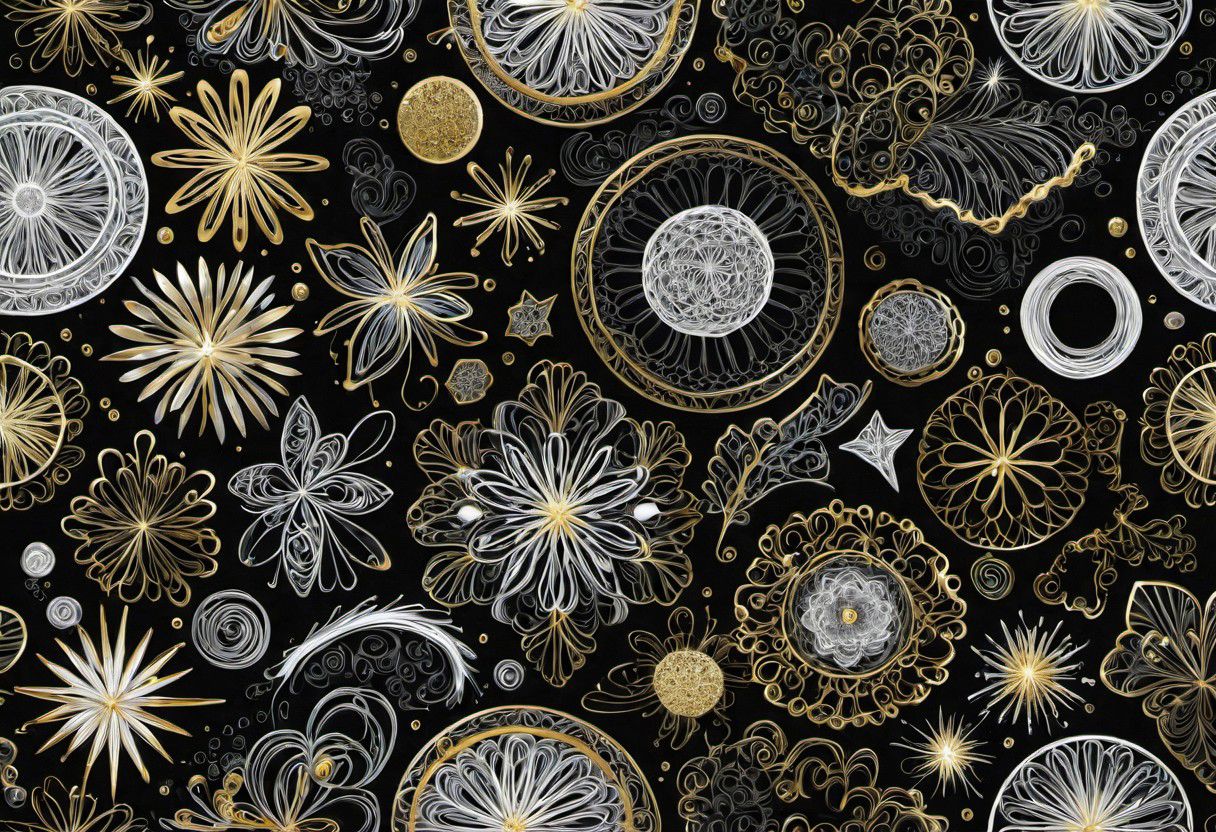 detailed 2D white+gold doodles on black background, crisp edges, merged with a 3D rendition of gassy or bubbly soft-edged shapes in many colors,
