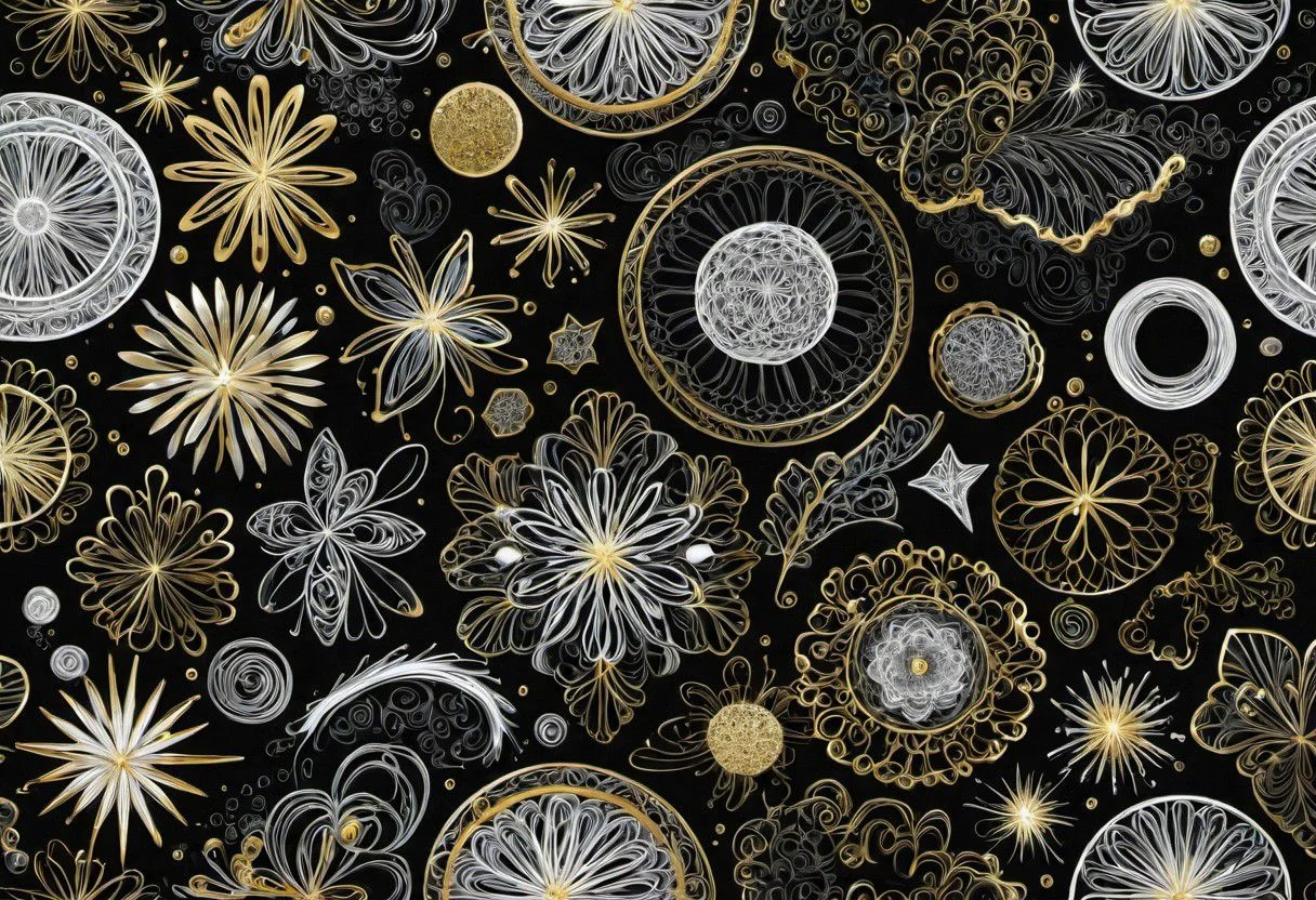 detailed 2D white+gold doodles on black background, crisp edges, merged with a 3D rendition of gassy or bubbly soft-edged shapes in many colors,