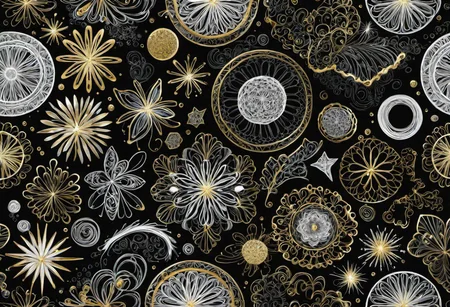 detailed 2D white+gold doodles on black background, crisp edges, merged with a 3D rendition of gassy or bubbly soft-edged shapes in many colors,