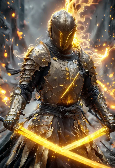 1man, armored samurai in golden samurai armor, wearing samurai helmet and armor, golden fire, wielding dual swords:1.2, brave perspective, reflection, glowing golden fire, golden lightning shatter, , glowing sword, motion blur, emphasis line, outdoor in the darkness, looking at viewer, katanas