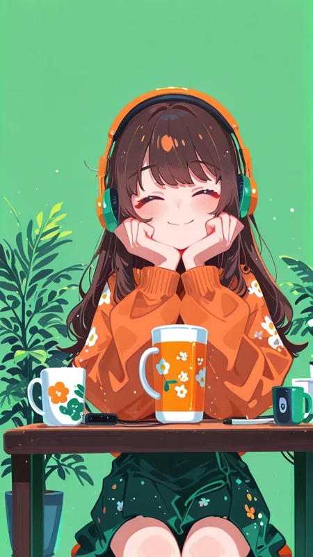 masterpiece, best quality, good quality, newest, highres, absurdres,  vivid colors, flat color, 2D, strong lines, Pop Art, no lineart,no outline,  CTDXCYQL,yoneyama mai,diyokama,amano yoshitaka,quasarcake,dino dinoartforame, 1girl,solo,long hair,blush,smile,skirt,brown hair,long sleeves,holding,sitting,closed eyes,sweater,cup,headphones,floral print,table,plant,holding cup,facing viewer,hand on own face,green background,head rest,mug,listening to music,Flatline,Flat vector illustration, <lora:TQ_Iridescent_Fantasy_Creations:0.8> <lora:MJ52:0.5> <lora:xl_more_art-full_v1:1> <lora:114558v4df2fsdf5:1>  <lora:illustrious_very_aesthetic_v1:0.5> <lora:XXX477:0.2>  <lora:sowasowart_style:0.3>   <lora:illustrious_flat_color_v2:0.6>  <lora:haiz_ai_illu:0.7>  <lora:checkpoint-e18_s306:0.75>