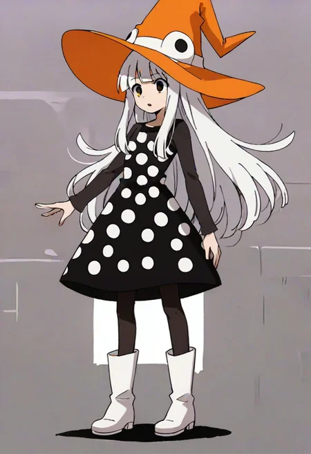 source_anime, anime, (vivid colors, bright colors:1.1),, adult, white hair,long hair,bangs,orange hat, thin hat, witch hat, black dress,black pantyhose,white boots,polka dots,polka dot dress, <lora:Eureka_Frog_v10:1>,