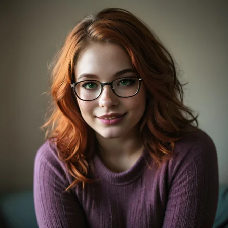 ((score_9, score_8_up, score_7_up, 1girl, female focus)), plus size model, perfect face, realistic, very detailed facial features, perfect, perfection, hands, candid, college co-ed, supermodel woman, freckled skin, ginger bimbo, full lips, flirtatious eyes, pale skin, photorealistic, (freckles), perfect face, narrow face), Big ((bright green eyes, long eyelashes)), cheekbones, ((soft facial features)), high cheekbones, wide cheekbones, huge ass, chubby body, cute and sexy redhead, cheekbones, insanely detailed, pale skin, paler, depth of field, cinematic illumination, volumetric lighting, obese girl wearing nerdy glasses in a purple sweater with dirty jeans, frizzy ginger hair, holding a red binder and wearing a yellow backpack, braces, smiling at viewer