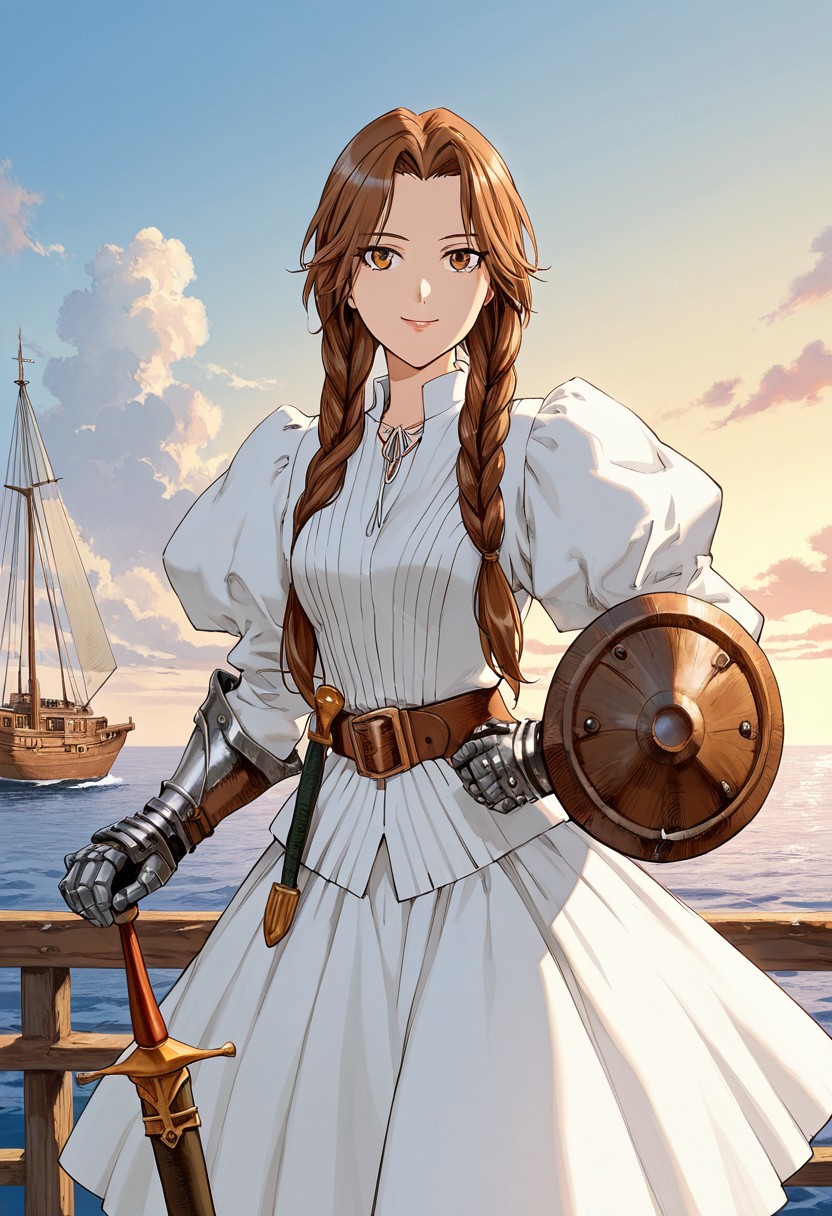 score_9,score_8_up,score_7_up,source_anime,5_figner,2d_animation,game cg,BREAK,1girl,solo,
ferris,gauntlets,white dress,brown hair,long hair,belt,braid,puffy sleeves,twin braids,brown eyes,lips,
medium breast,cowboyshot,smile,
sword,shield,
cloud,sea,clipper ship,outdoor,looking at viewer,
masterpiece,best qualit,ultra-detailed,illustration,an extremely delicate and beautiful,beautiful detailed eyes,unity 8k wallpaper,high resolution,anime CG,official_art,