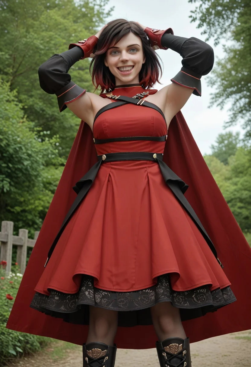 score_9, score_8_up, score_7_up,, high res ima , source_photo, source_real, (realistic:1.4),
,
1girl, cowboy shot, solo, outdoors, smile, looking at viewer, <lora:Summer_Rose_-_IL:0.8> SummerRose_RWBY, short hair, black hair,gradient hair, grey eyes, fingerless gloves, detached sleeves, bare shoulders, red dress,pantyhose, red cape, boots, masterpiece, best quality, good quality, newest, hands up over head, crazy pose, low angle