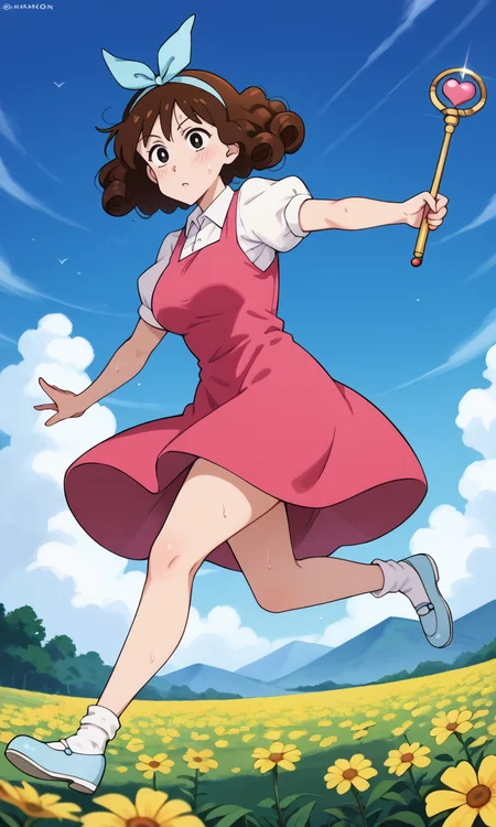 (1girl:1.5), (solo:1.3), (score_9, score_8_up, score_7_up, score_6_up, score_5_up, score_4_up), (source_anime), rating_questionable, looking at viewer, cowboy shot:1.3), outdoors, magical world, fancy, pillar,Parthenon, yellow sky, cloud,
(nohara-misae), (black eyes, brown hair, medium hair, curly hair, voluminous hair, fluffy hair, parody hair), (large breasts, wide hips, thick thighs), <lora:nohara-misae-misarin_v1:0.8> (magenta dress, sleeveless, white collared shirt, white puffy short sleeves, hair ornament, yellow flower, blue hairband, white socks, rolled socks, blue footwear, mary janes), (holding wand, heart-shaped wand), wind lift, (running:1.5), (sweat:1.3), (from side:1.3)