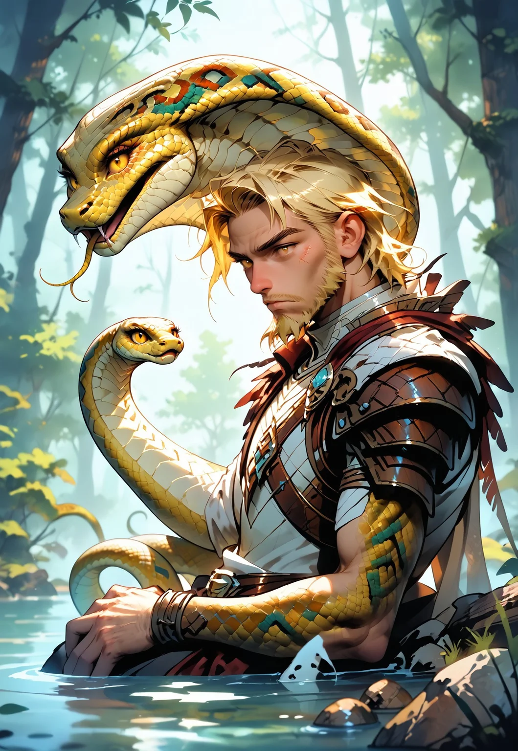 sfw,Masterpiece,best quality,highresolution,very aesthetic,hyper-realistic,detailed eyes,
1 male.snake_hybrid.blonde_hair, short hair, very straight hair,straight hair, amber eyes, eyeliner,snake for hands,scaly skin,snake beard,
armor with snake relif,bored,
background outdoor, forest,wood,
Low-Light,Diffused lighting,
wide shot,from below,
sitting on a rock surrounded by water,Hand on own cheek,