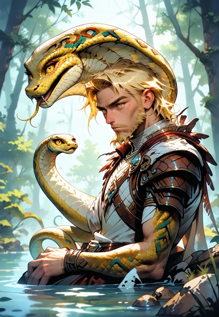 sfw,Masterpiece,best quality,highresolution,very aesthetic,hyper-realistic,detailed eyes,
1 male.snake_hybrid.blonde_hair, short hair, very straight hair,straight hair, amber eyes, eyeliner,snake for hands,scaly skin,snake beard,
armor with snake relif,bored,
background outdoor, forest,wood,
Low-Light,Diffused lighting,
wide shot,from below,
sitting on a rock surrounded by water,Hand on own cheek,